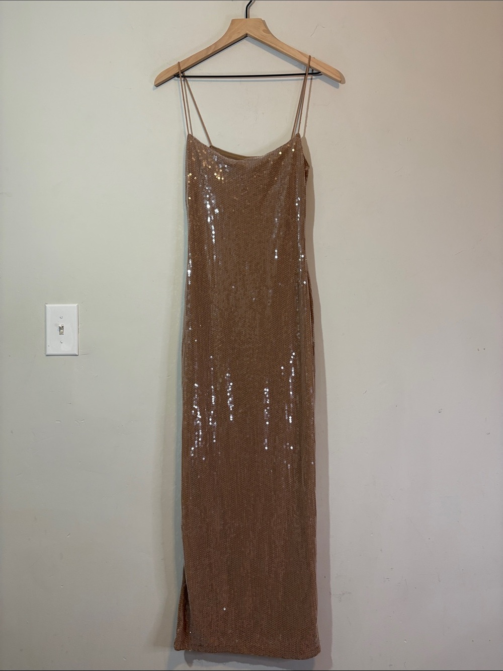 Missguided Slinky Bodycon Sequined Spaghetti Strap Curve Hugging Floor Length S